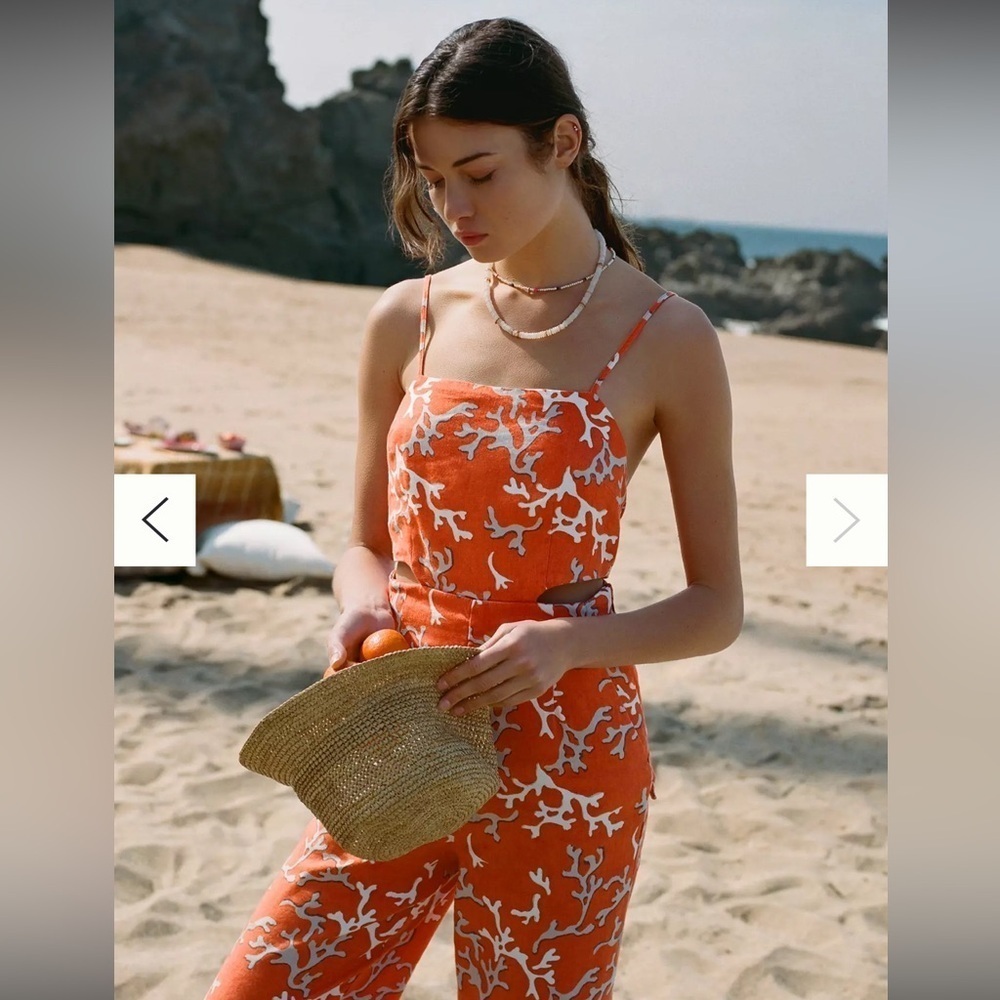 Maeve Anthropologie Orange and White Coral Patterned Jumpsuit Size 4 - Picture 5 of 11